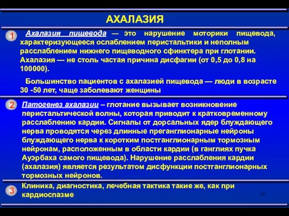 1 АХАЛАЗИЯ Ахалазия пищевода — это нарушение моторики пищевода, характеризующееся ослаблением