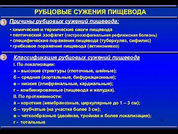 1 РУБЦОВЫЕ СУЖЕНИЯ ПИЩЕВОДА Причины рубцовых сужений пищевода: химические и термические