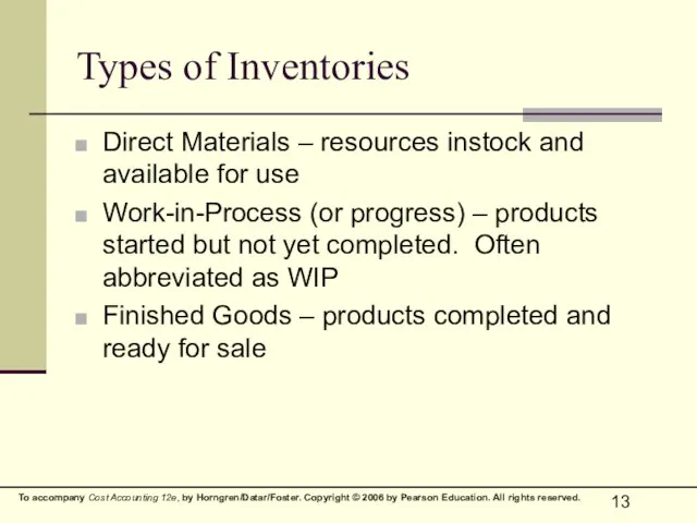 Types of Inventories Direct Materials – resources instock and available for