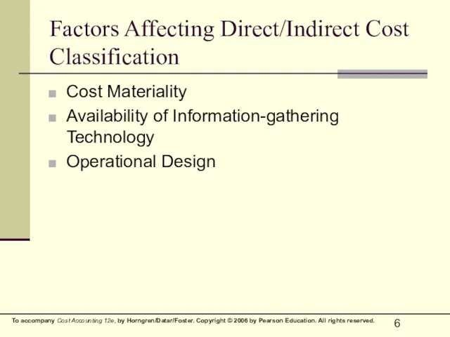 Factors Affecting Direct/Indirect Cost Classification Cost Materiality Availability of Information-gathering Technology Operational Design