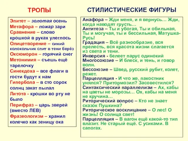 Эпитет – золотая осень Метафора – пожар зари Сравнение – слово