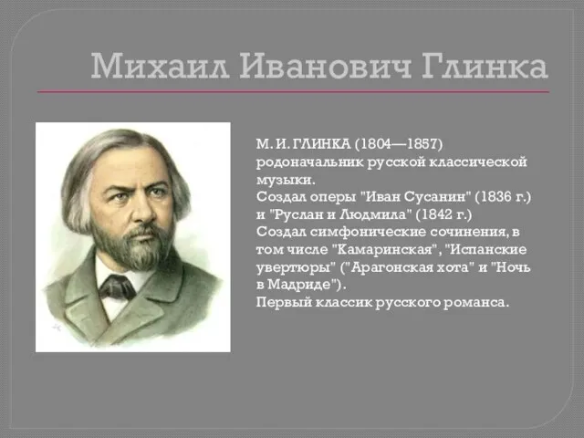 М. И. ГЛИНКА (1804—1857) родоначальник русской классической музыки. Создал оперы "Иван