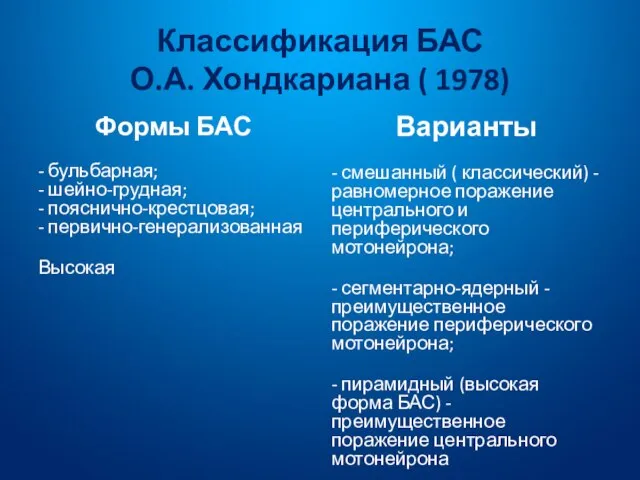 Классификация БАС О.А. Хондкариана ( 1978) Формы БАС - бульбарная; -