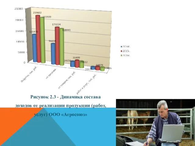 Рисунок 2.3 - Динамика состава доходов от реализации продукции (работ, услуг) ООО «Агросоюз»