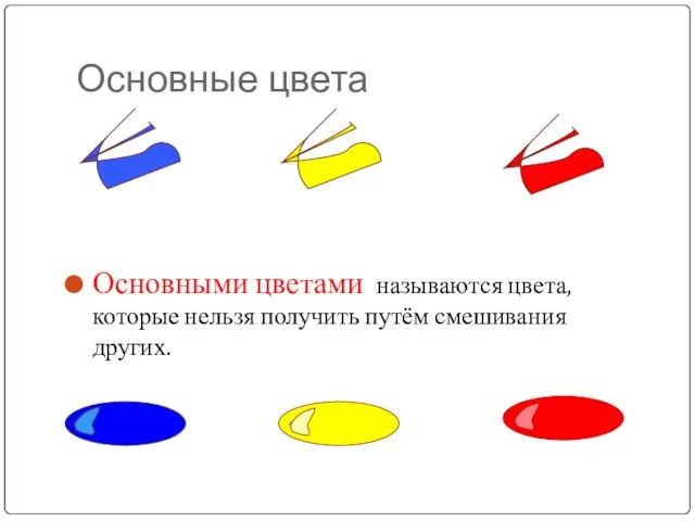 Основные цвета Основными цветами называются цвета, которые нельзя получить путём смешивания других.