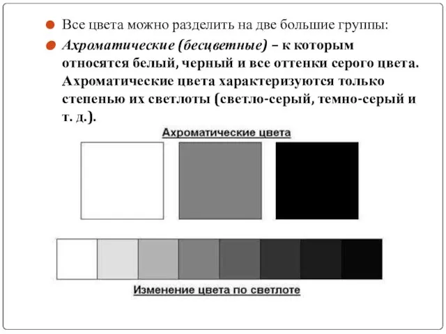 Все цвета можно разделить на две большие группы: Ахроматические (бесцветные) –