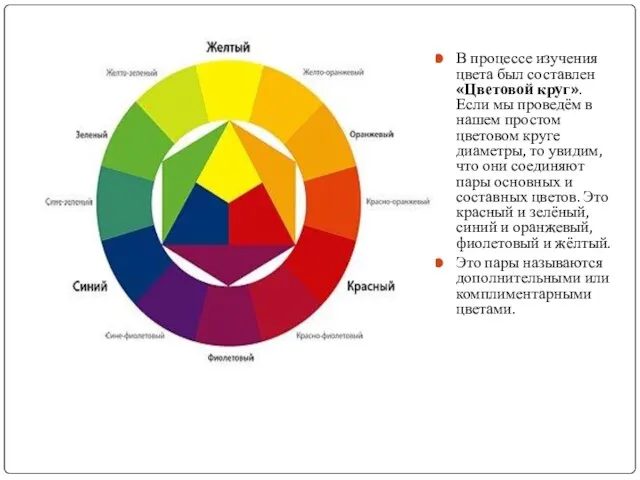В процессе изучения цвета был составлен «Цветовой круг». Если мы проведём
