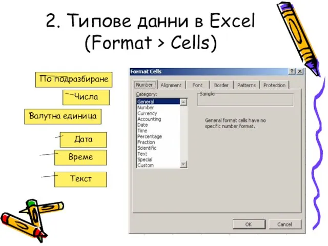 2. Типове данни в Excel (Format > Cells) По подразбиране Числа Валутна единица Дата Време Текст