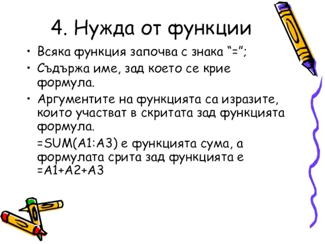 4. Нужда от функции Всяка функция започва с знака “=”; Съдържа