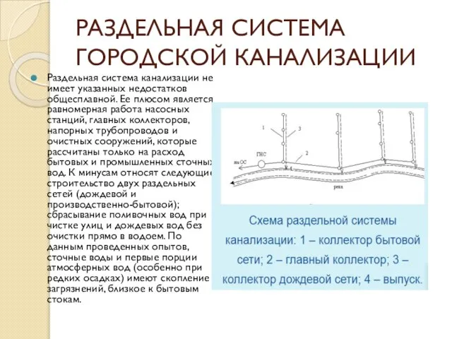 РАЗДЕЛЬНАЯ СИСТЕМА ГОРОДСКОЙ КАНАЛИЗАЦИИ Раздельная система канализации не имеет указанных недостатков