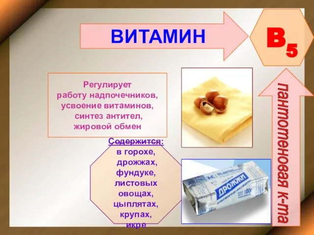 ВИТАМИН B5 пантотеновая к-та Регулирует работу надпочечников, усвоение витаминов, синтез антител,