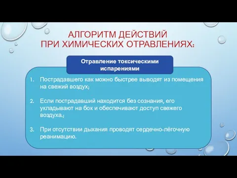 Пострадавшего как можно быстрее выводят из помещения на свежий воздух; Если