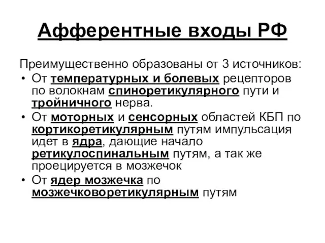 Афферентные входы РФ Преимущественно образованы от 3 источников: От температурных и