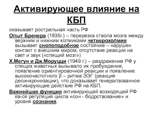 Активирующее влияние на КБП оказывает ростральная часть РФ Опыт Бренера (1935г.)