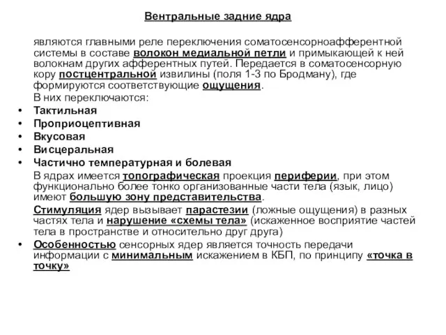 Вентральные задние ядра являются главными реле переключения соматосенсорноафферентной системы в составе