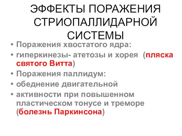 ЭФФЕКТЫ ПОРАЖЕНИЯ СТРИОПАЛЛИДАРНОЙ СИСТЕМЫ Поражения хвостатого ядра: гиперкинезы- атетозы и хорея