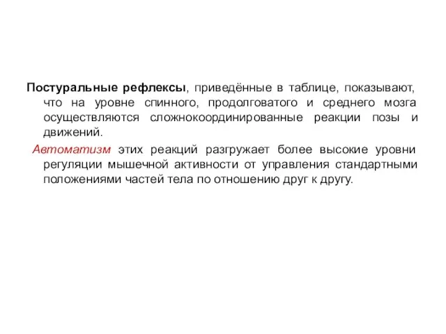 Постуральные рефлексы, приведённые в таблице, показывают, что на уровне спинного, продолговатого