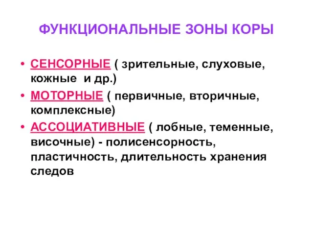 ФУНКЦИОНАЛЬНЫЕ ЗОНЫ КОРЫ СЕНСОРНЫЕ ( зрительные, слуховые, кожные и др.) МОТОРНЫЕ