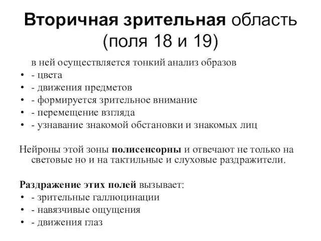 Вторичная зрительная область (поля 18 и 19) в ней осуществляется тонкий