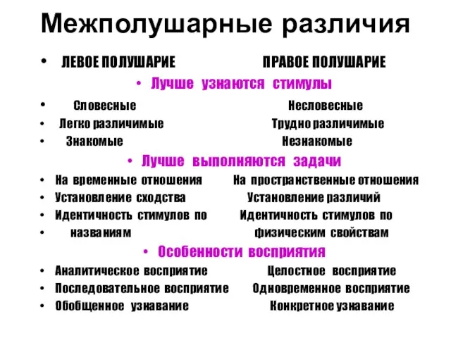 Межполушарные различия ЛЕВОЕ ПОЛУШАРИЕ ПРАВОЕ ПОЛУШАРИЕ Лучше узнаются стимулы Словесные Несловесные