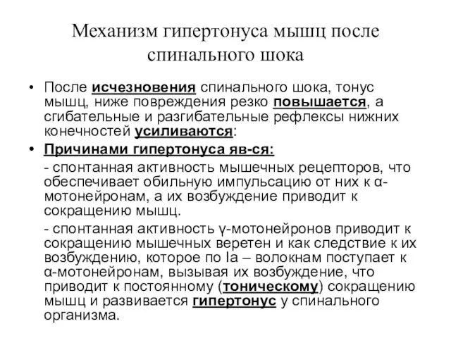 Механизм гипертонуса мышц после спинального шока После исчезновения спинального шока, тонус