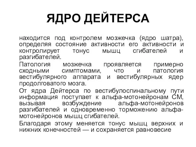 ЯДРО ДЕЙТЕРСА находится под контролем мозжечка (ядро шатра), определяя состояние активности