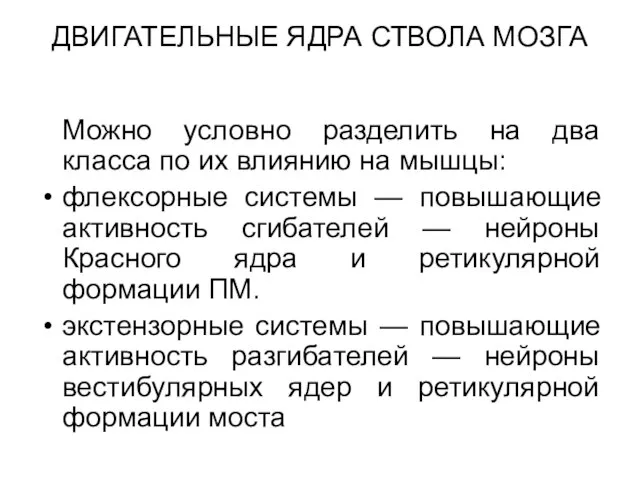 ДВИГАТЕЛЬНЫЕ ЯДРА СТВОЛА МОЗГА Можно условно разделить на два класса по