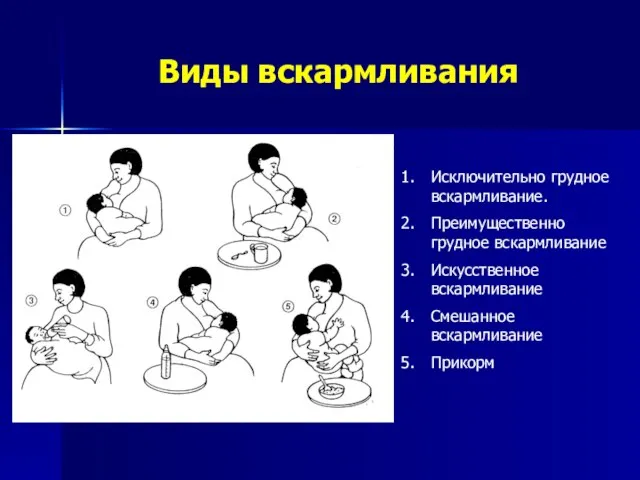 Виды вскармливания Исключительно грудное вскармливание. Преимущественно грудное вскармливание Искусственное вскармливание Смешанное вскармливание Прикорм