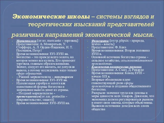 Экономические школы – системы взглядов и теоретических изысканий представителей различных направлений