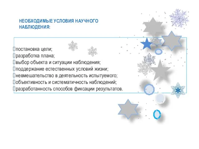 постановка цели; разработка плана; выбор объекта и ситуации наблюдения; поддержание естественных