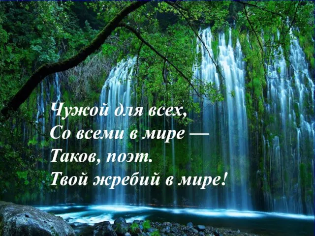 Чужой для всех, Со всеми в мире — Таков, поэт. Твой жребий в мире!