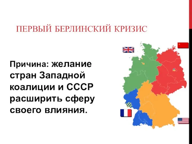 ПЕРВЫЙ БЕРЛИНСКИЙ КРИЗИС Причина: желание стран Западной коалиции и СССР расширить сферу своего влияния.