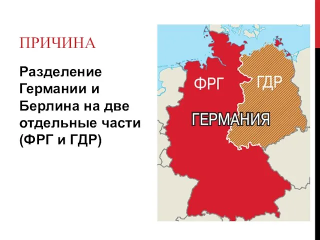 ПРИЧИНА Разделение Германии и Берлина на две отдельные части (ФРГ и ГДР)