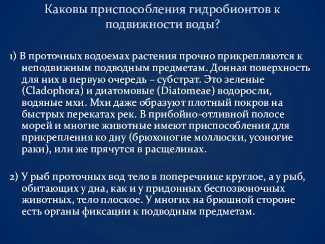 Каковы приспособления гидробионтов к подвижности воды? 1) В проточных водоемах растения