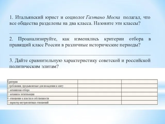 1. Итальянский юрист и социолог Гаэтано Моска полагал, что все общества