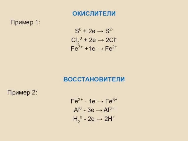 ОКИСЛИТЕЛИ Пример 1: S0 + 2e → S2- Cl20 + 2e