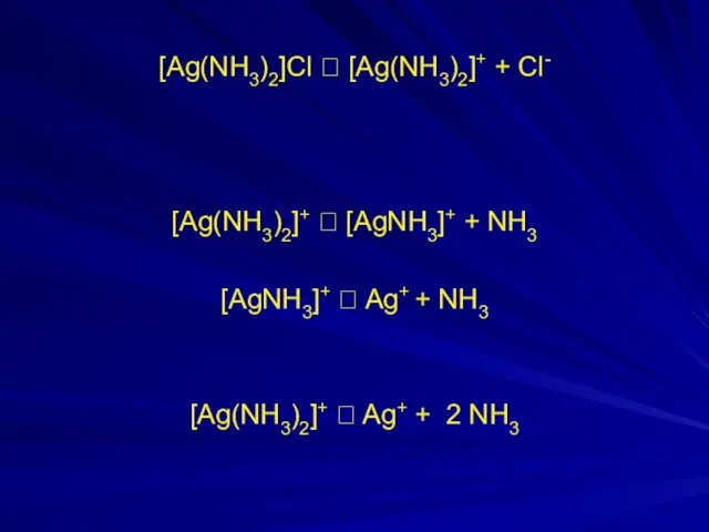 [Ag(NH3)2]Cl ⮀ [Ag(NH3)2]+ + Cl- [Ag(NH3)2]+ ⮀ [AgNH3]+ + NH3 [AgNH3]+