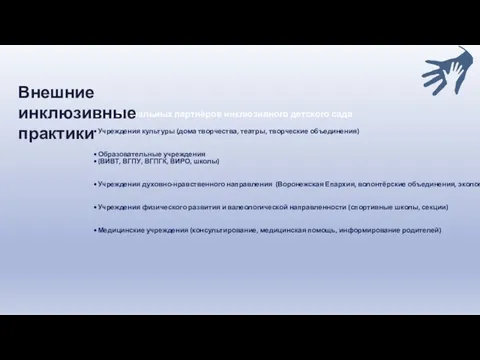 Сеть социальных партнёров инклюзивного детского сада Учреждения культуры (дома творчества, театры,