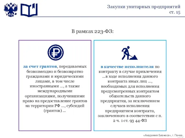 Закупки унитарных предприятий ст. 15 за счет грантов, передаваемых безвозмездно и