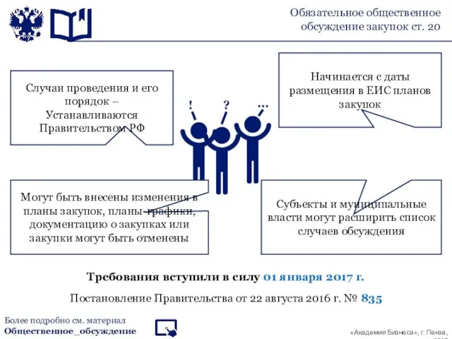 Обязательное общественное обсуждение закупок ст. 20 Требования вступили в силу 01