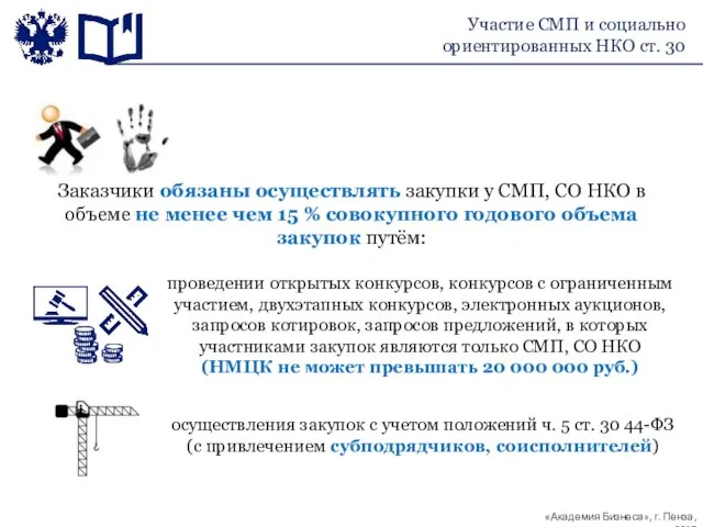 Участие СМП и социально ориентированных НКО ст. 30 Заказчики обязаны осуществлять