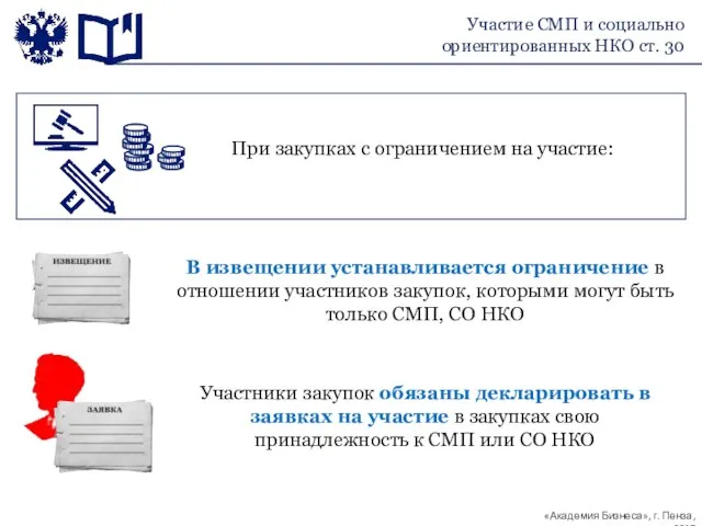 При закупках с ограничением на участие: Участие СМП и социально ориентированных НКО ст. 30