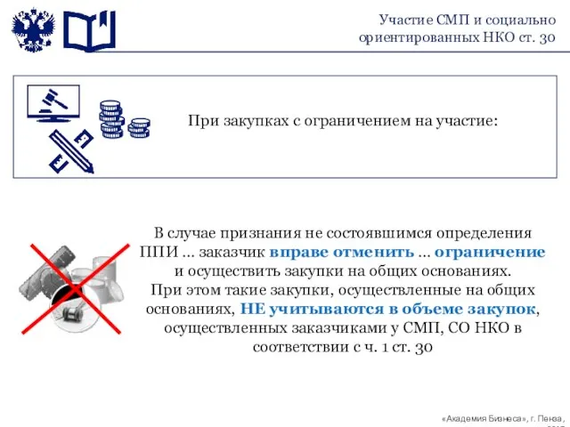 Участие СМП и социально ориентированных НКО ст. 30 При закупках с ограничением на участие: