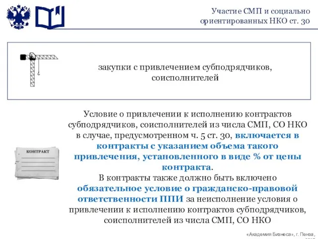 Участие СМП и социально ориентированных НКО ст. 30 закупки с привлечением субподрядчиков, соисполнителей