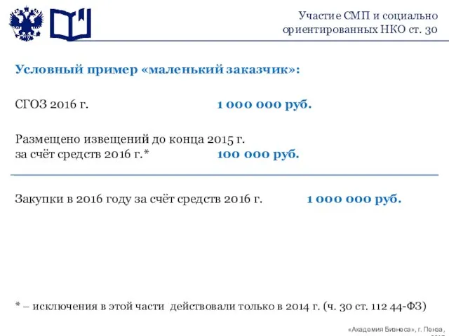 Условный пример «маленький заказчик»: СГОЗ 2016 г. 1 000 000 руб.