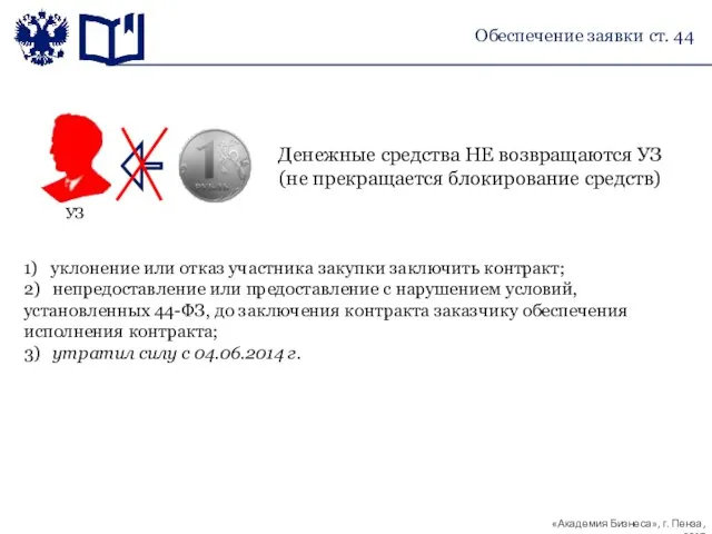 Денежные средства НЕ возвращаются УЗ (не прекращается блокирование средств) 1) уклонение