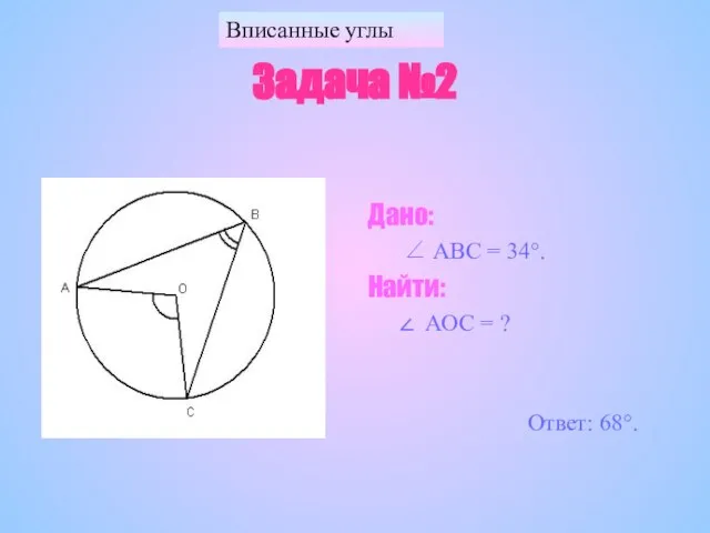 Вписанные углы Задача №2 Дано: ∠ АВС = 34°. Найти: АОС = ? Ответ: 68°.