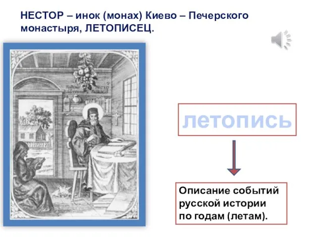 НЕСТОР – инок (монах) Киево – Печерского монастыря, ЛЕТОПИСЕЦ. летопись Описание