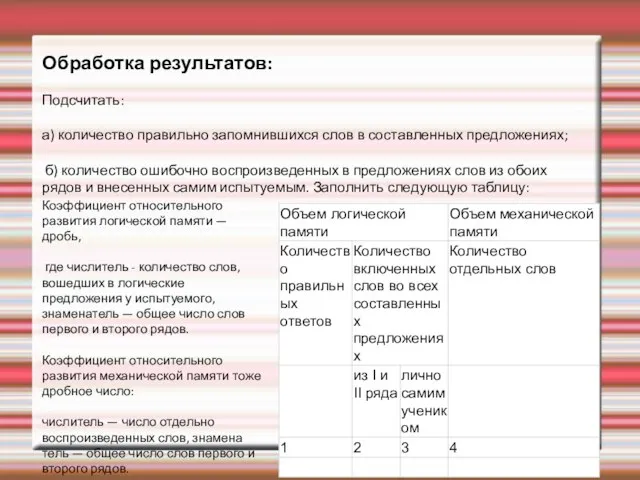 Обработка результатов: Подсчитать: а) количество правильно запомнившихся слов в составлен­ных предложениях;