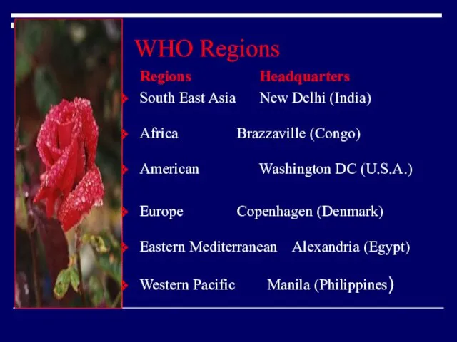 WHO Regions Regions Headquarters South East Asia New Delhi (India) Africa